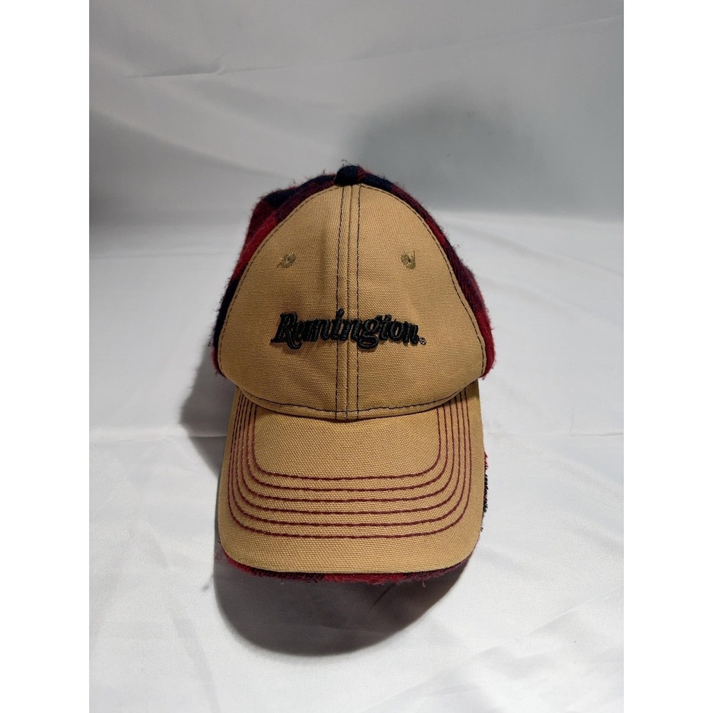 Remington Hat Cap Strap Back Mens One Size Red Plaid Ear Flap Hunting Outdoor